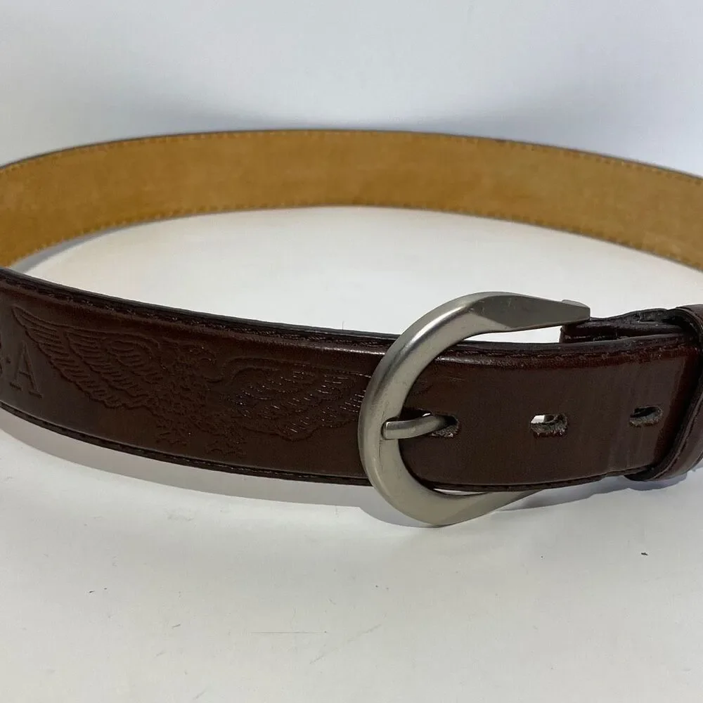 Men's Genuine Leather Belt‎ Embossed Eagle USA Patriotic Logo Brown Large 42